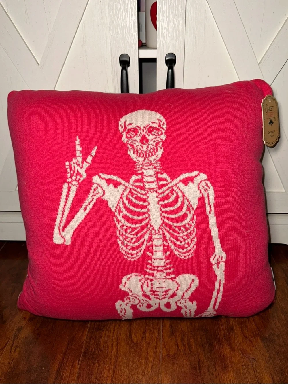 Pink Skeleton Throwing Peace Sign Halloween Decorative Throw Pillow